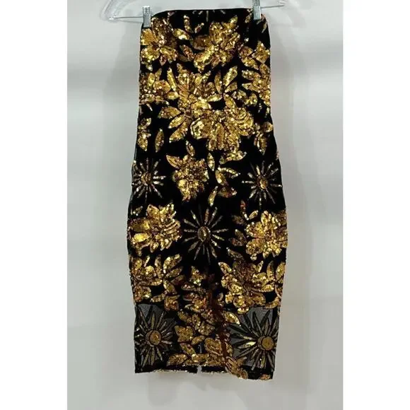 MILLY Sz 0 XS Kait Dress Gold Black Sequin Holiday Nights Strapless Midi - Picture 8 of 11